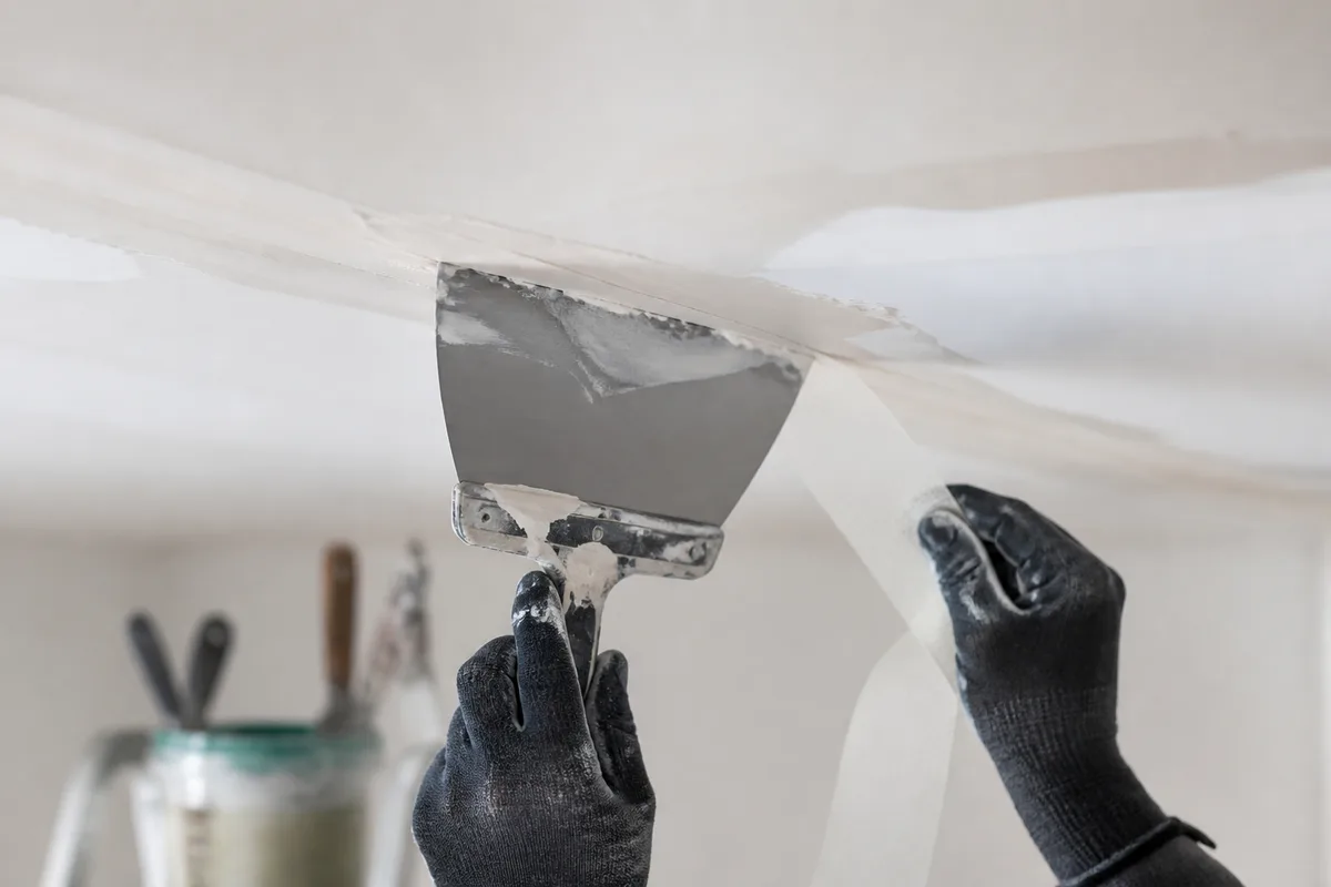 Bande à joint marouflée à l&rsquo;enduit sur un plafond en plaque de plâtre