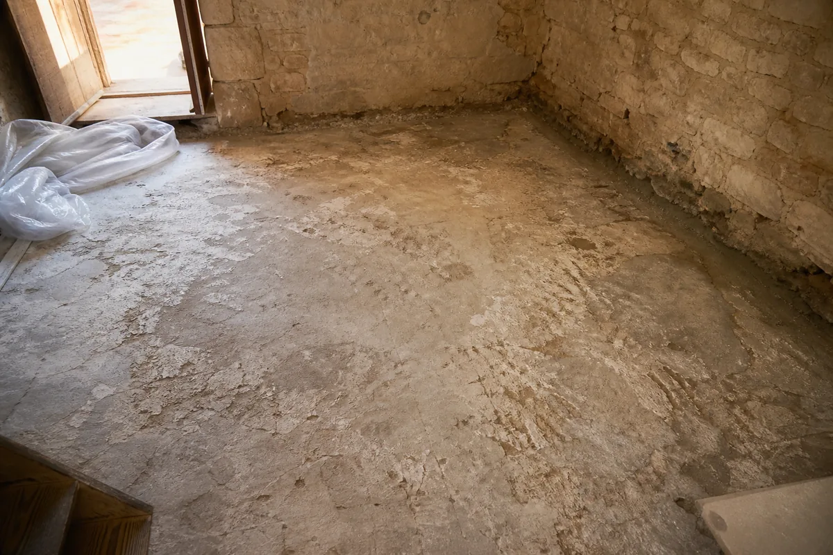 Plancher de rez-de-chaussée mis à nu avant pose d&rsquo;un isolant et d&rsquo;une chape sèche dans une maison ancienne du Bergeracois