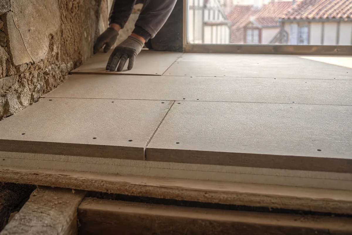 Plaques de sol posées à joints décalés sur un isolant, dans une pièce de rez-de-chaussée en cours de rénovation