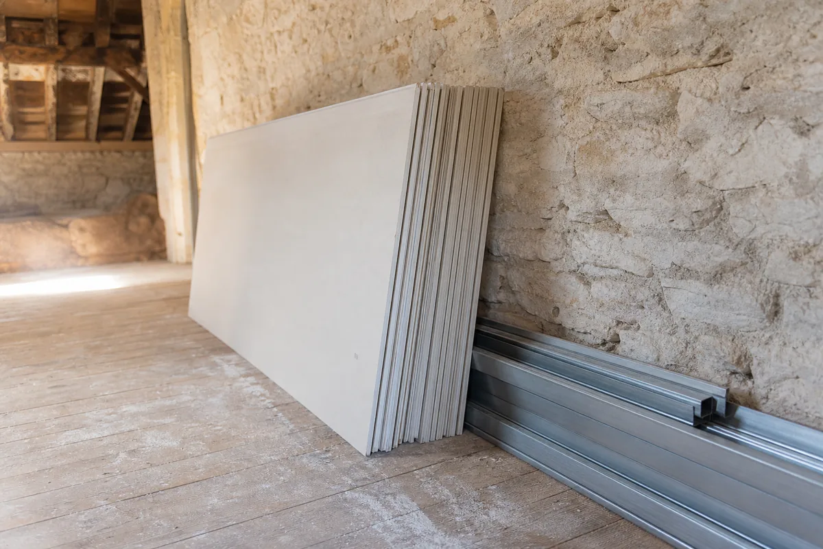 Plaques de plâtre et rails métalliques rangés contre un mur en moellons calcaires dans une maison ancienne d’Eymet