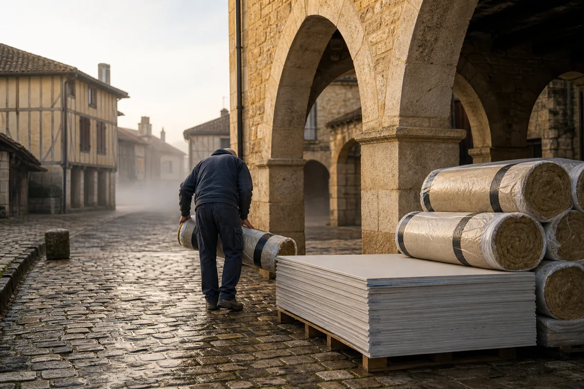 Palette de plaques de plâtre et rouleaux de laine minérale déposés au petit matin sous les arcades d’une place de bastide