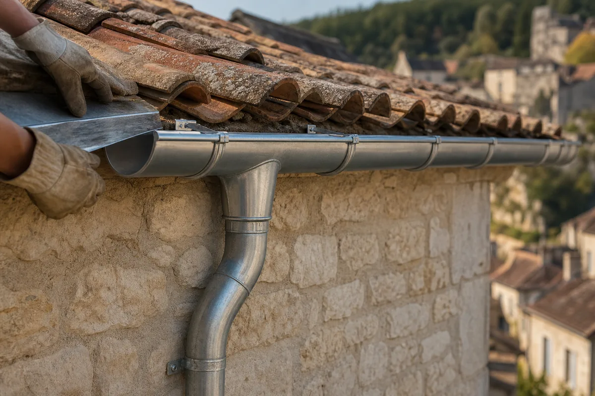 Gouttière en zinc et descente d&rsquo;eau pluviale neuves le long d&rsquo;une façade en pierre calcaire