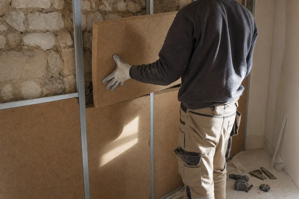 Doublage isolant en cours de pose contre un mur en moellons calcaires d’une maison de bourg du Bergeracois
