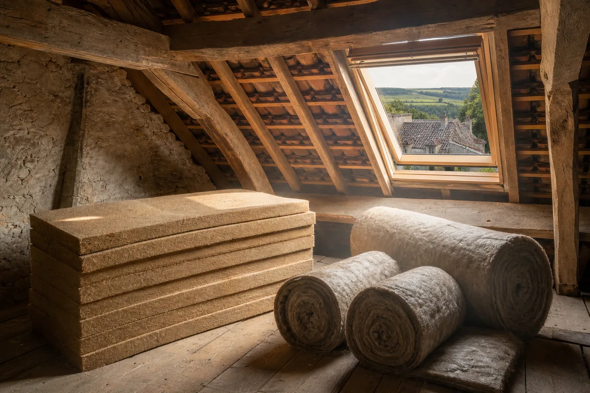 Panneaux de fibre de bois stockés sous une charpente en chêne avant isolation des rampants