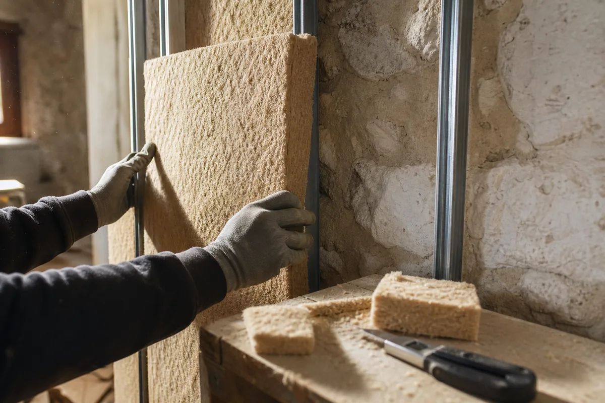 Ossature métallique et panneaux isolants posés devant un mur en moellons calcaires apparent
