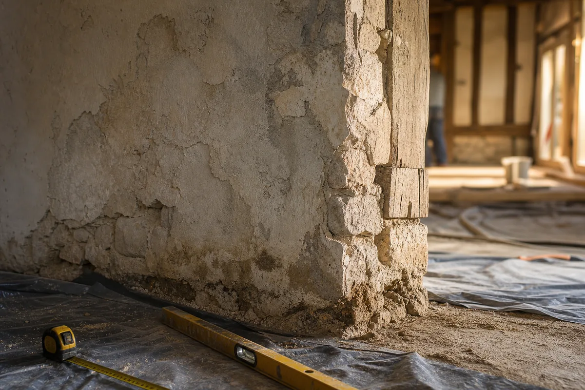 Mur ancien en moellons calcaires d’une maison de quai à Lalinde avant la pose du doublage intérieur