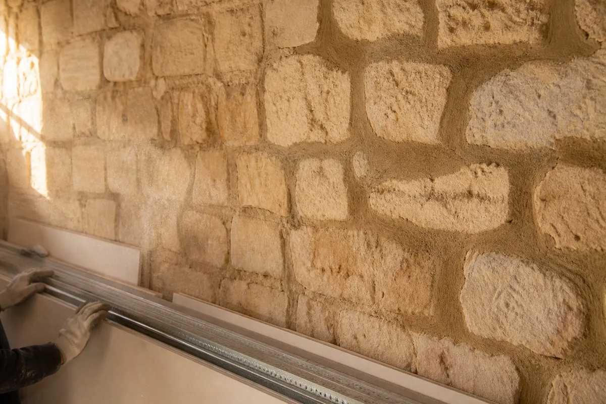 Mur ancien en moellons calcaires décapé avant doublage dans une maison du Bergeracois