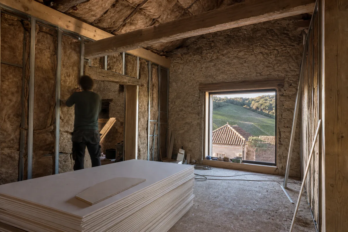 Ossature métallique et plaques de plâtre en cours de pose dans une longère rénovée du Périgord pourpre