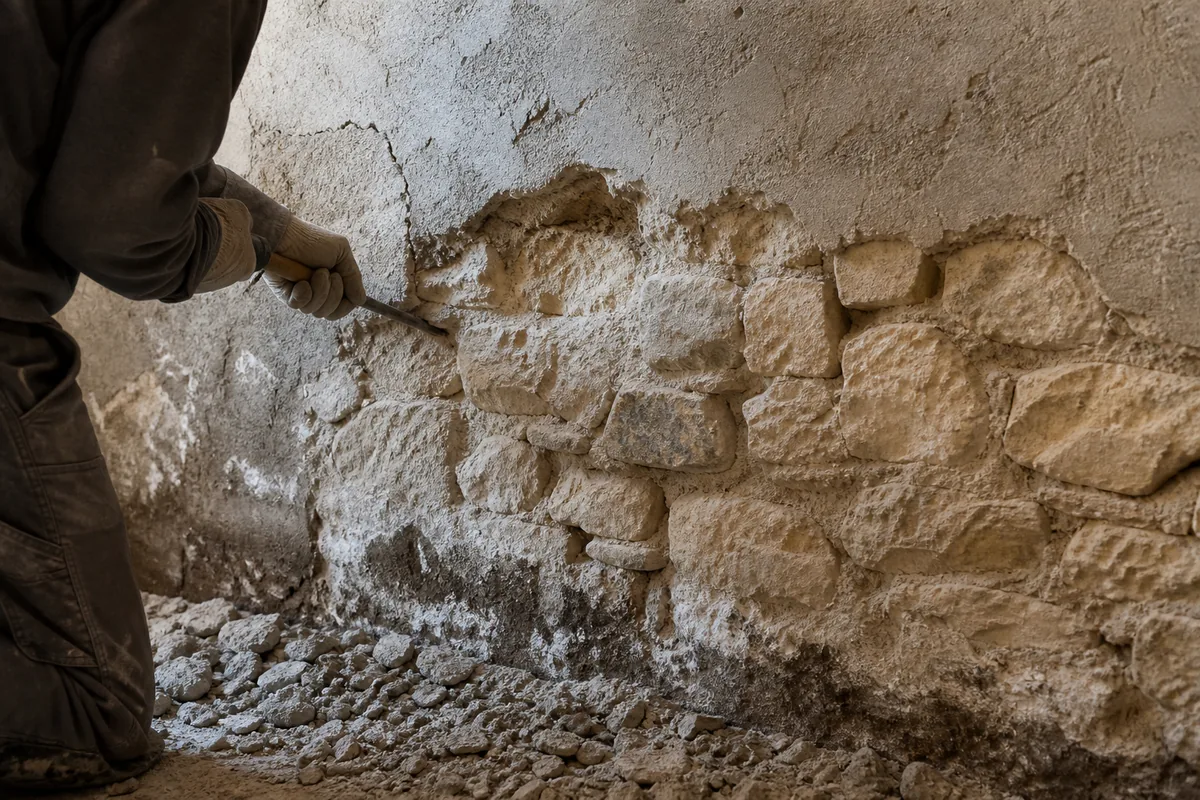 Mur ancien en moellons calcaires partiellement décroûté de son enduit ciment