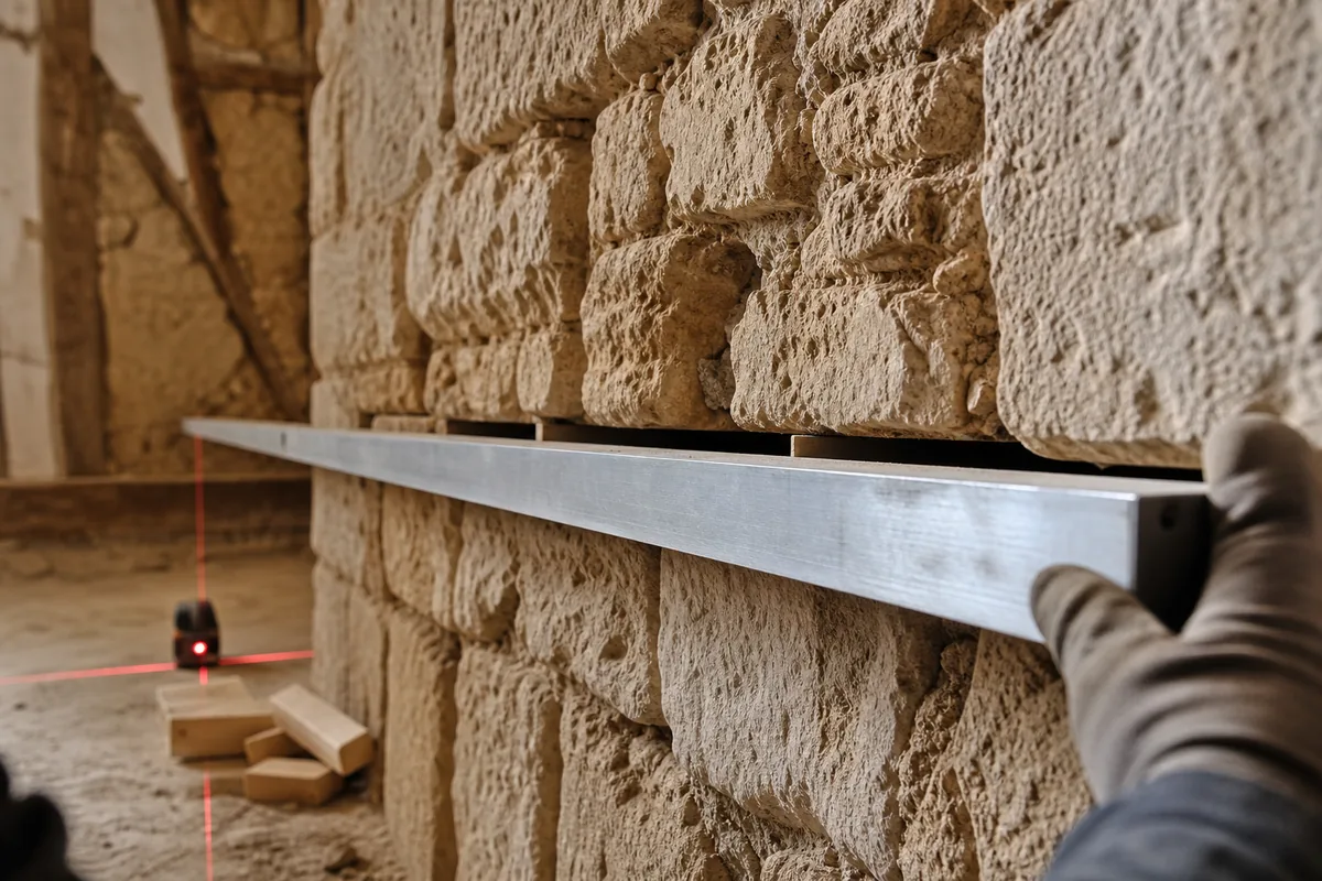 Mur intérieur en moellons calcaires irréguliers avec règle de maçon posée en travers révélant le faux aplomb