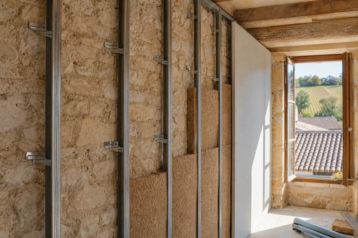 Ossature métallique de doublage avec fourrures et appuis réglables devant un mur en pierre irrégulier