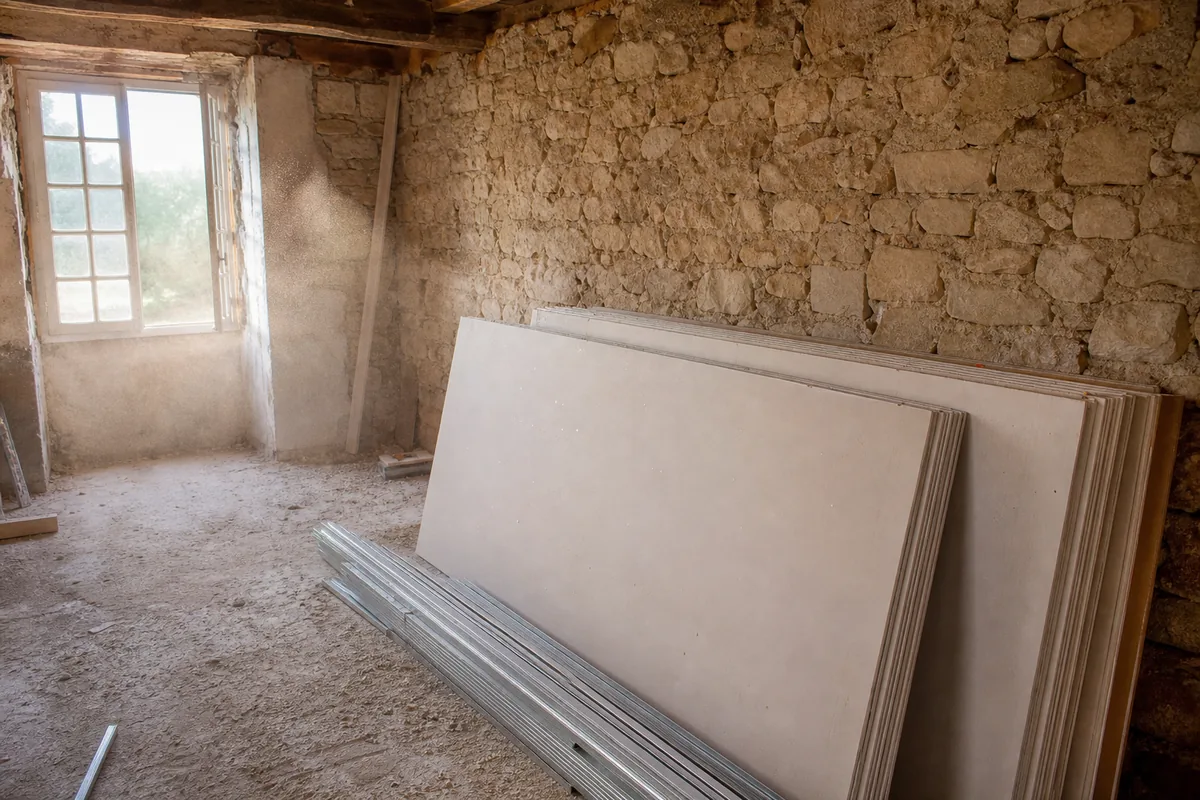 Placo compensé : rattraper un mur irrégulier en Bergeracois