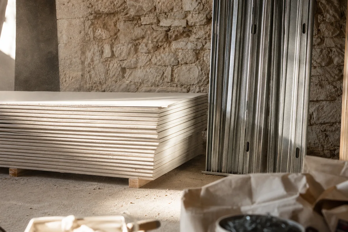 Plaques de plâtre et rails métalliques appuyés contre un mur en moellons calcaires dans une maison de ville de Bergerac