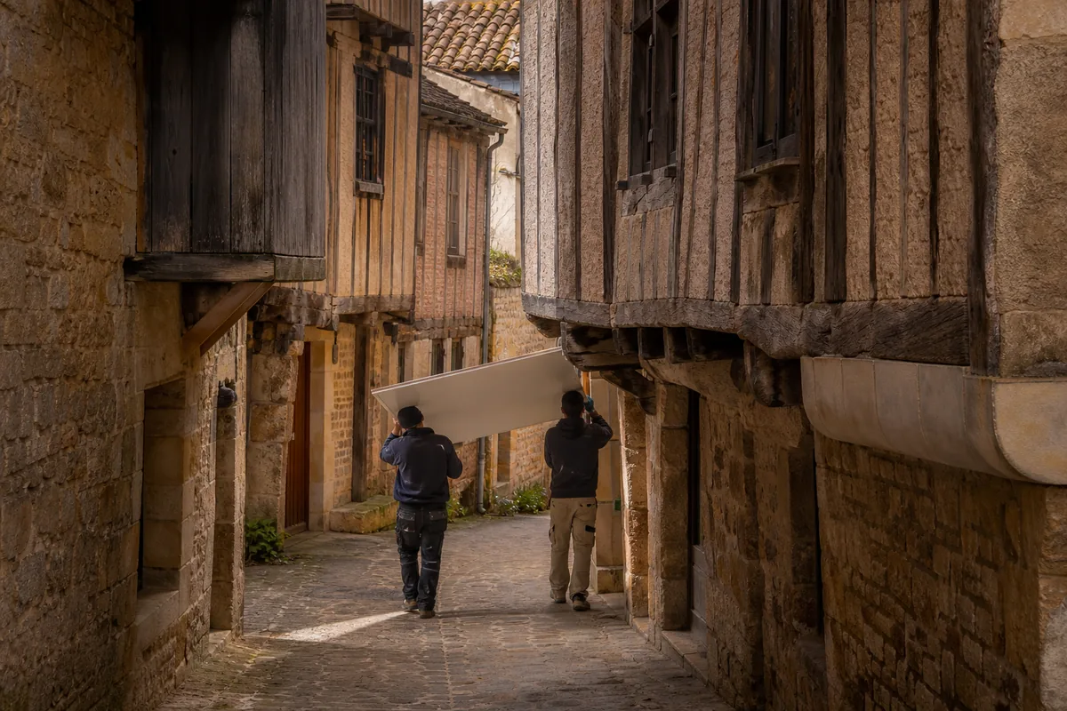 Ruelle étroite du centre médiéval d’Issigeac bordée de maisons à colombages et d’étages en encorbellement