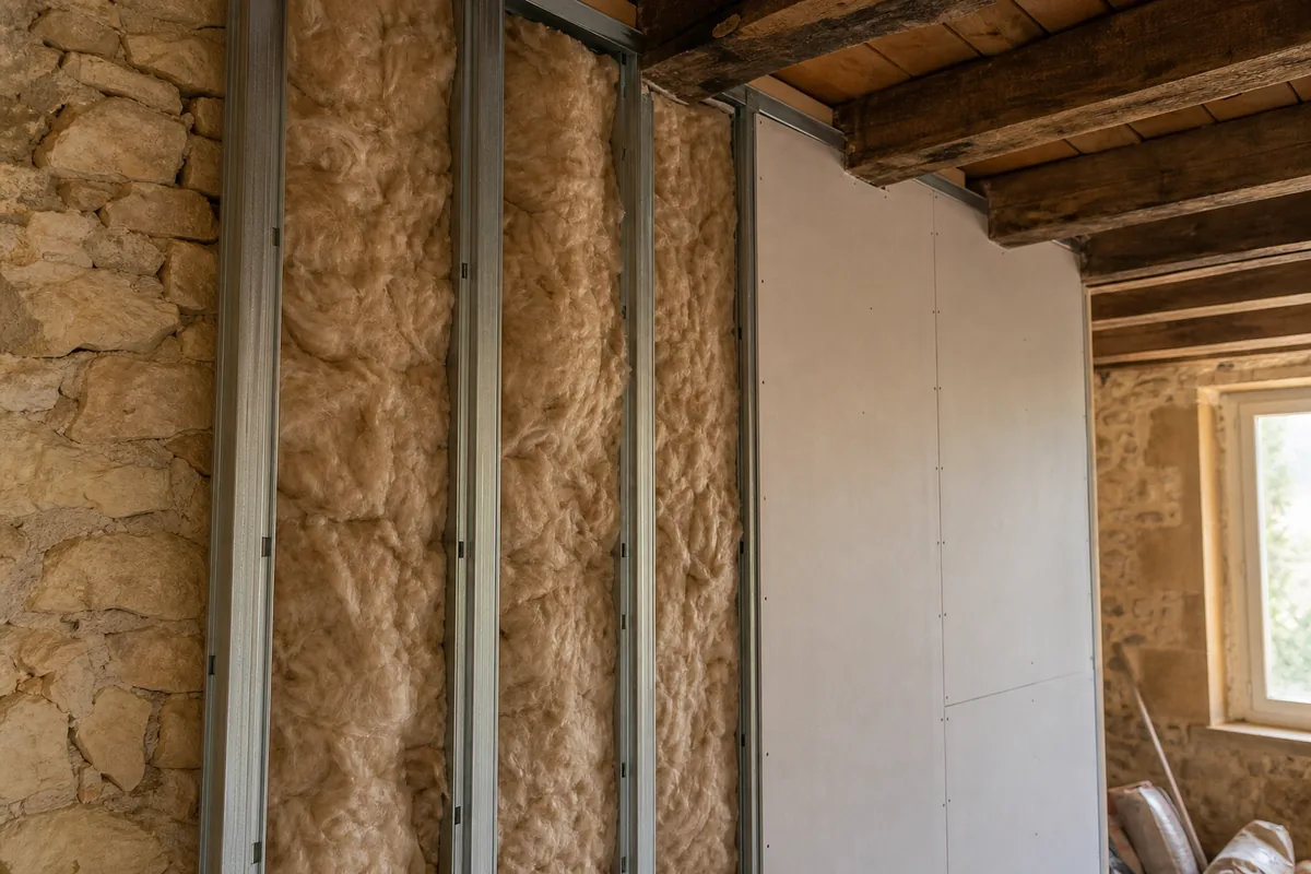 Doublage sur ossature métallique et laine isolante posés contre un mur ancien en pierre du Périgord